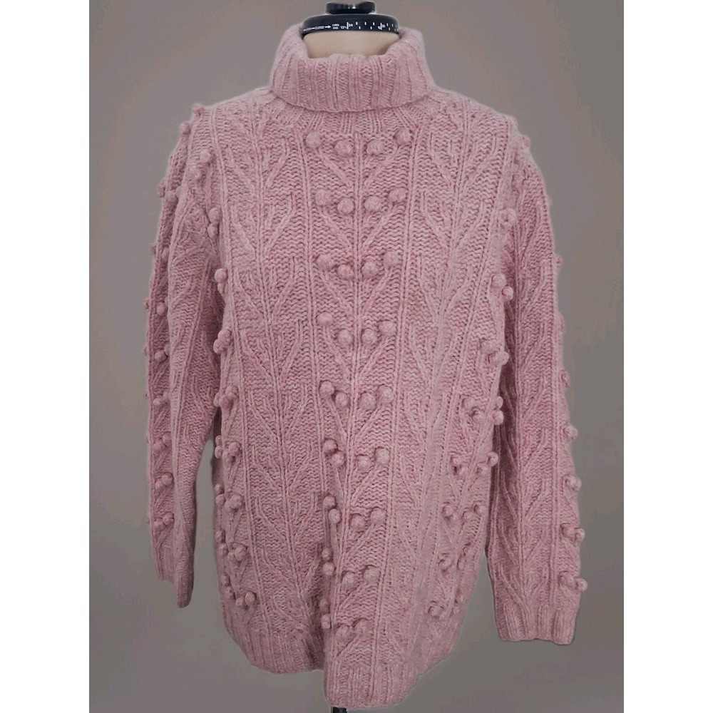 Orvis Womens Chunky Cable Knit Bobble Fisherman Wool Sweater‎ Pink Sz M Feminine